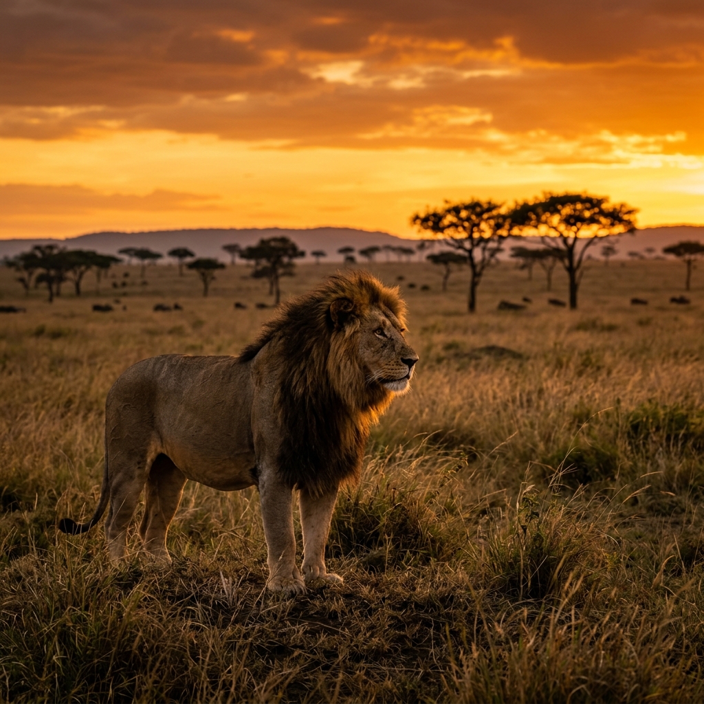 Lion on the African savanna at sunset